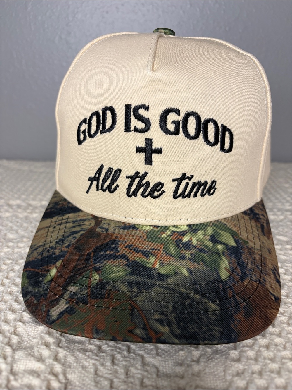 God Is Good All The Time Embroidered Trucker Cap - Cream with Camo Bill